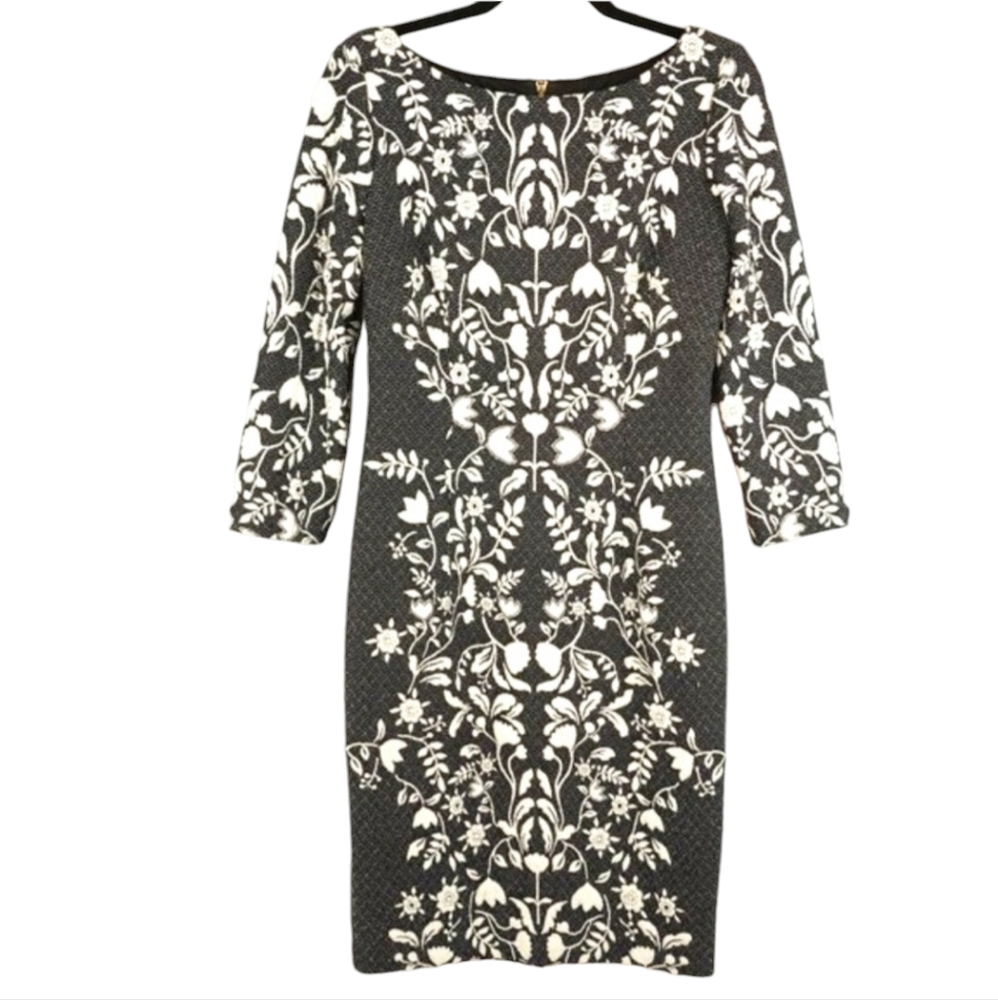 Eliza J Jacquard Sheath Black and White Floral Midi Dress‎ Size Small